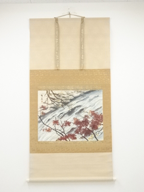 JAPANESE HANGING SCROLL / HAND PAINTED / STREAM & MAPLE